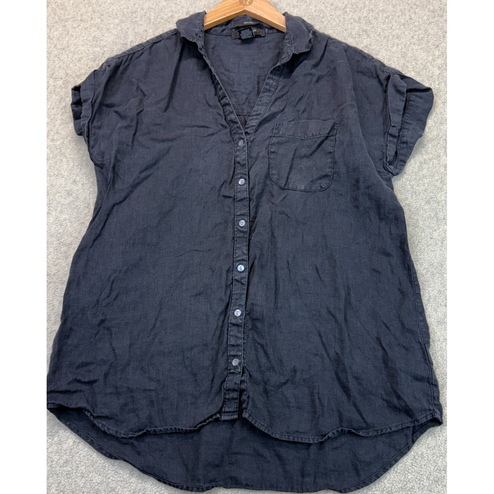 Tahari Womens Longline Button-Down Shirt Navy Linen Classic Batwing Sleeve M